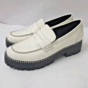 Women's Chunky Loafers AQUA Bela White Croc Leather Studded Platform Shoes Sz 9